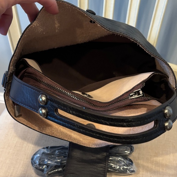 Black Leather Shoulder Bag with Decorative Buckle crossbody shoulder strap NWOT - Picture 5 of 8